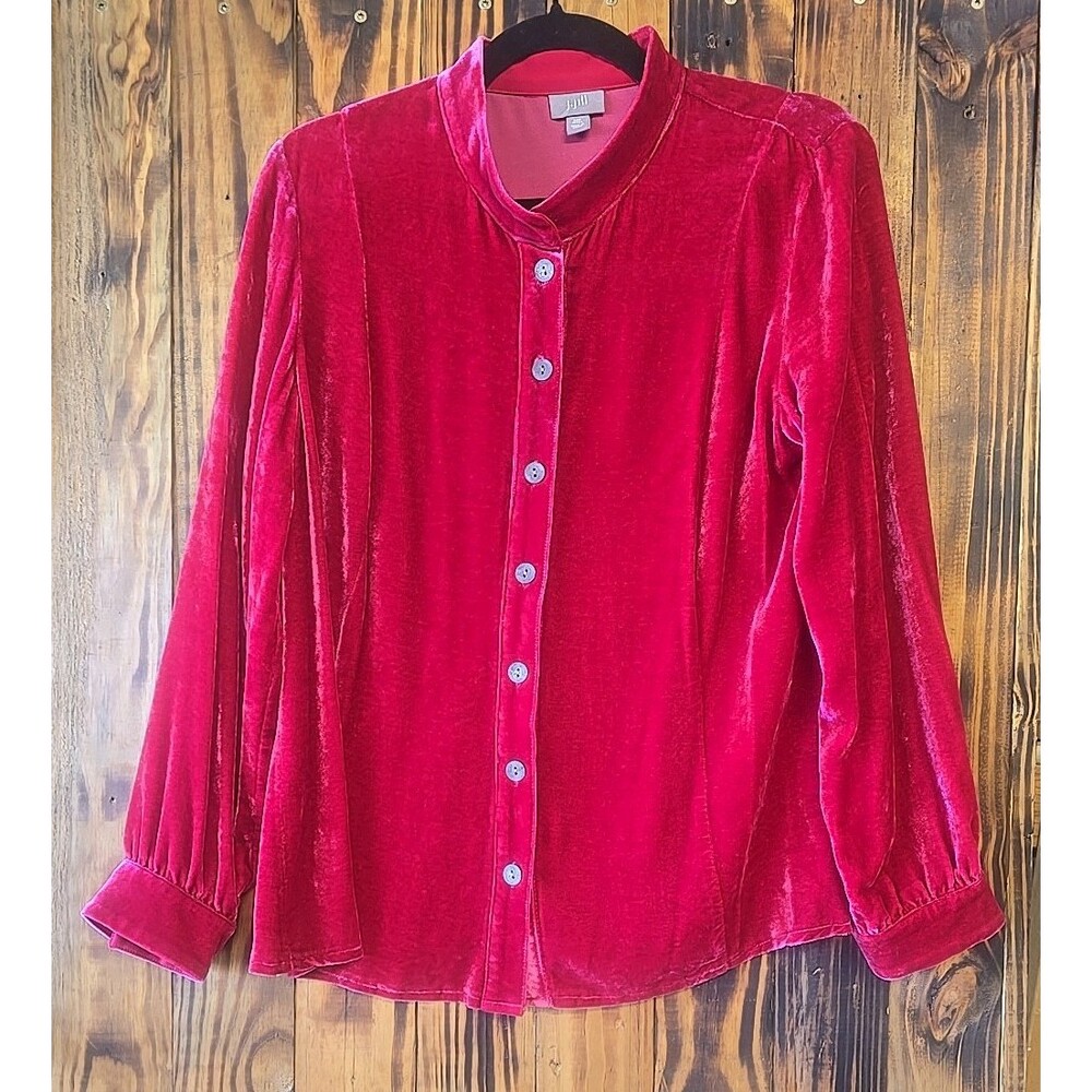 J. Jill Women's Red Velvet Button-up Long Sleeve Silk Blend Blouse Petite Medium